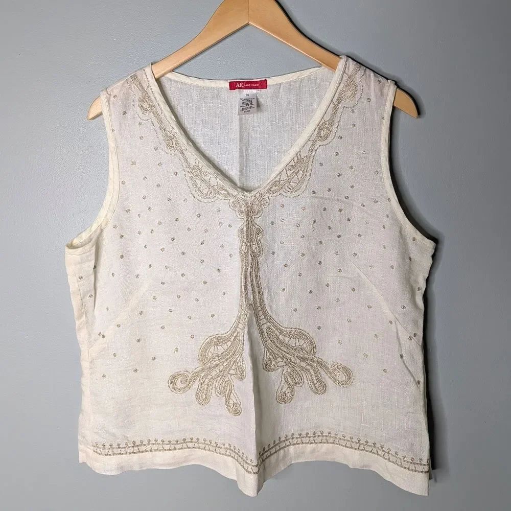 AK ANNE KLEIN 100% Cream Linen Gold Embroidered Fitted V Neck Tank Top Size 14